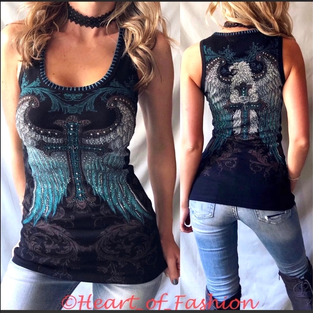 VOCAL Black Embellished Cross Wing Graphic Stitch Detail Biker Ribbed Tank Top